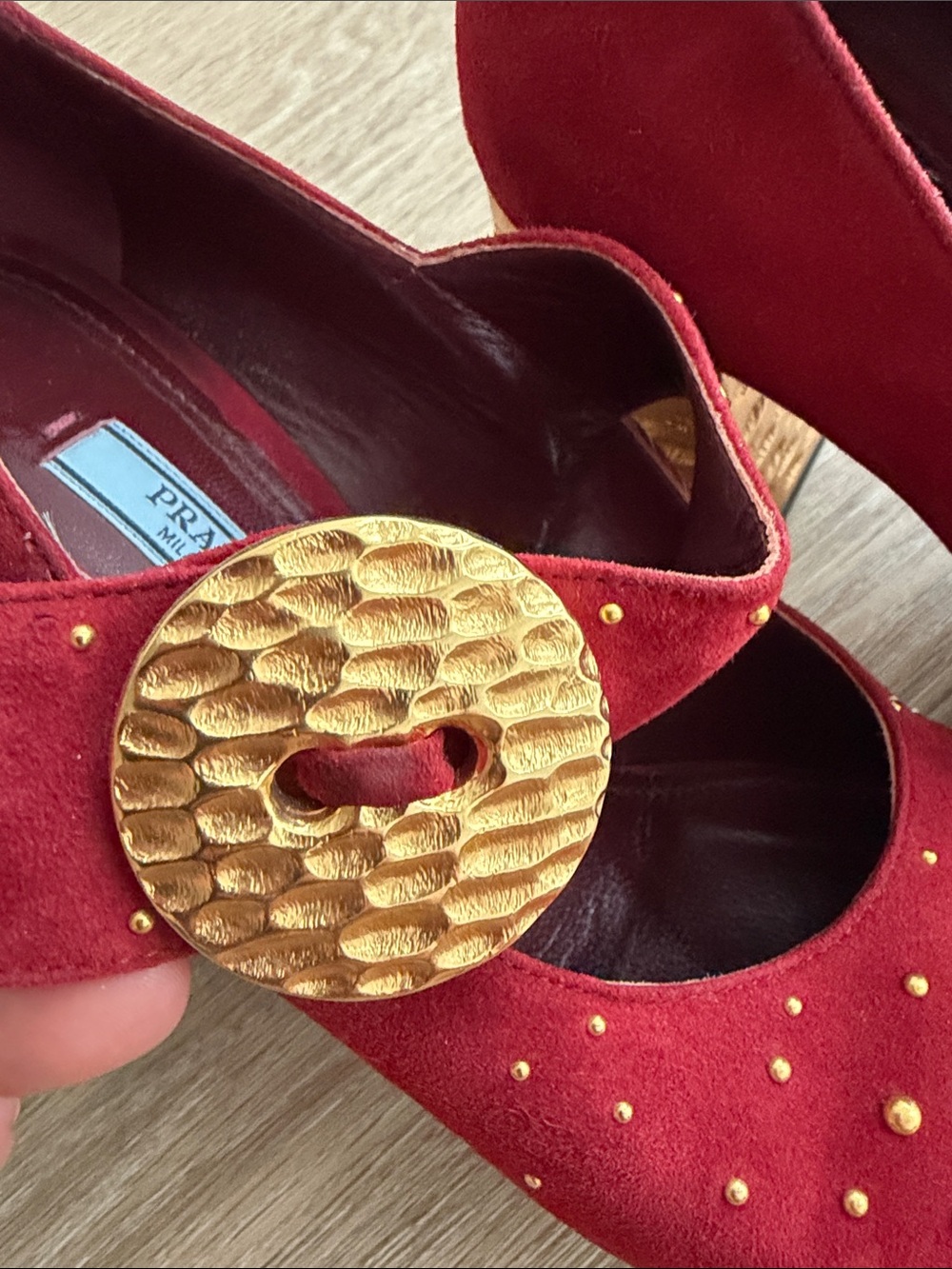 Prada Red Suede Mary Jane Heels with Gold Studs and Sculpted Heel - Picture 3 of 13